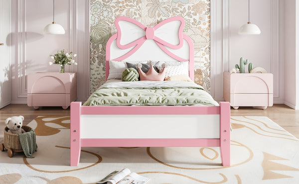 English Elm Twin Bow Headboard Platform Bed Solid Wood Low Profile Frame for Girls Bedroom White+Pink W5305P515351