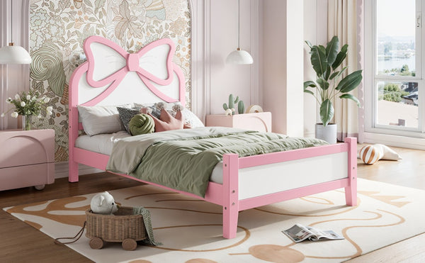 English Elm Twin Bow Headboard Platform Bed Solid Wood Low Profile Frame for Girls Bedroom White+Pink W5305P515351