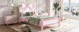 English Elm Twin Bow Headboard Platform Bed Solid Wood Low Profile Frame for Girls Bedroom White+Pink W5305P515351