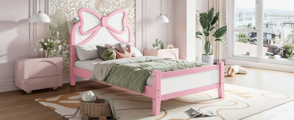 English Elm Twin Bow Headboard Platform Bed Solid Wood Low Profile Frame for Girls Bedroom White+Pink W5305P515351