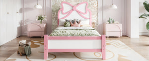 English Elm Twin Bow Headboard Platform Bed Solid Wood Low Profile Frame for Girls Bedroom White+Pink W5305P515351
