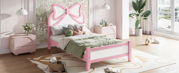 English Elm Twin Bow Headboard Platform Bed Solid Wood Low Profile Frame for Girls Bedroom White+Pink W5305P515351