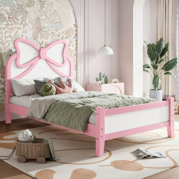 English Elm Twin Bow Headboard Platform Bed Solid Wood Low Profile Frame for Girls Bedroom White+Pink W5305P515351
