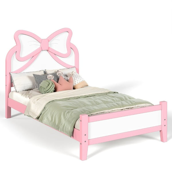 English Elm Twin Bow Headboard Platform Bed Solid Wood Low Profile Frame for Girls Bedroom White+Pink W5305P515351