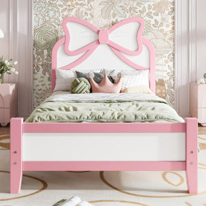 English Elm Twin Bow Headboard Platform Bed Solid Wood Low Profile Frame for Girls Bedroom White+Pink W5305P515351