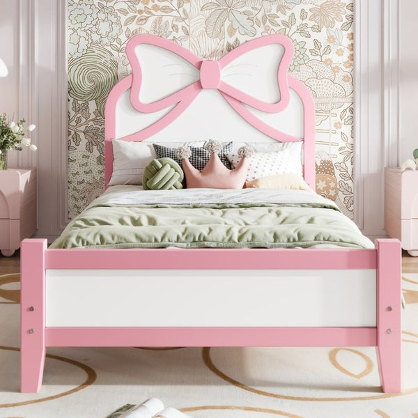 English Elm Twin Bow Headboard Platform Bed Solid Wood Low Profile Frame for Girls Bedroom White+Pink W5305P515351