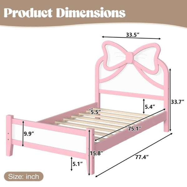 English Elm Twin Bow Headboard Platform Bed Solid Wood Low Profile Frame for Girls Bedroom White+Pink W5305P515351
