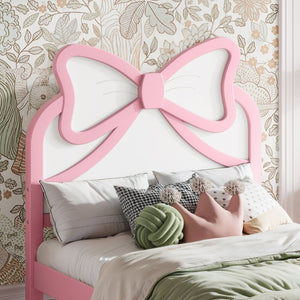 English Elm Twin Bow Headboard Platform Bed Solid Wood Low Profile Frame for Girls Bedroom White+Pink W5305P515351