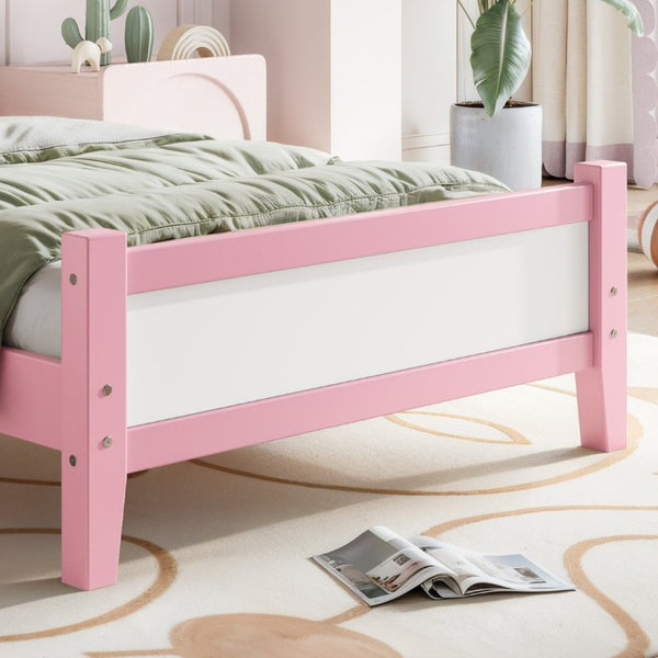 English Elm Twin Bow Headboard Platform Bed Solid Wood Low Profile Frame for Girls Bedroom White+Pink W5305P515351