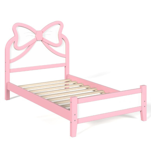 English Elm Twin Bow Headboard Platform Bed Solid Wood Low Profile Frame for Girls Bedroom White+Pink W5305P515351