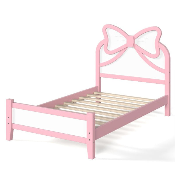 English Elm Twin Bow Headboard Platform Bed Solid Wood Low Profile Frame for Girls Bedroom White+Pink W5305P515351