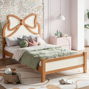 English Elm Twin Bow Headboard Platform Bed Solid Wood Low Profile Frame for Girls Bedroom Beige, Natural W5305P515352