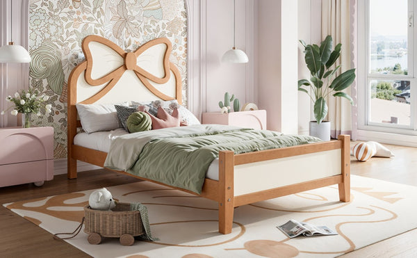 English Elm Twin Bow Headboard Platform Bed Solid Wood Low Profile Frame for Girls Bedroom Beige, Natural W5305P515352