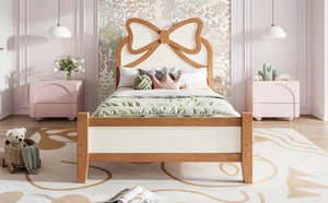 English Elm Twin Bow Headboard Platform Bed Solid Wood Low Profile Frame for Girls Bedroom Beige, Natural W5305P515352