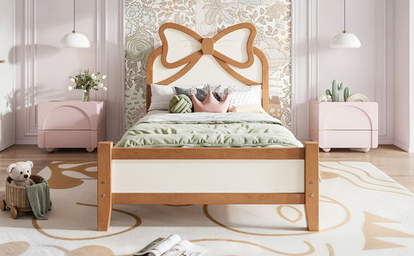 English Elm Twin Bow Headboard Platform Bed Solid Wood Low Profile Frame for Girls Bedroom Beige, Natural W5305P515352