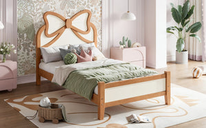 English Elm Twin Bow Headboard Platform Bed Solid Wood Low Profile Frame for Girls Bedroom Beige, Natural W5305P515352