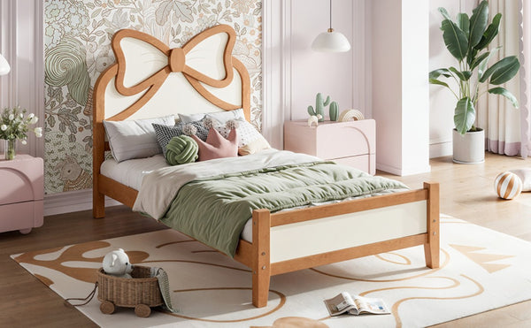 English Elm Twin Bow Headboard Platform Bed Solid Wood Low Profile Frame for Girls Bedroom Beige, Natural W5305P515352