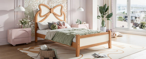 English Elm Twin Bow Headboard Platform Bed Solid Wood Low Profile Frame for Girls Bedroom Beige, Natural W5305P515352