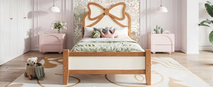 English Elm Twin Bow Headboard Platform Bed Solid Wood Low Profile Frame for Girls Bedroom Beige, Natural W5305P515352