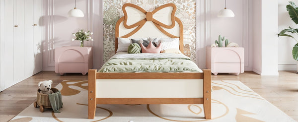 English Elm Twin Bow Headboard Platform Bed Solid Wood Low Profile Frame for Girls Bedroom Beige, Natural W5305P515352