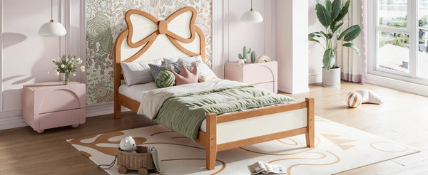 English Elm Twin Bow Headboard Platform Bed Solid Wood Low Profile Frame for Girls Bedroom Beige, Natural W5305P515352