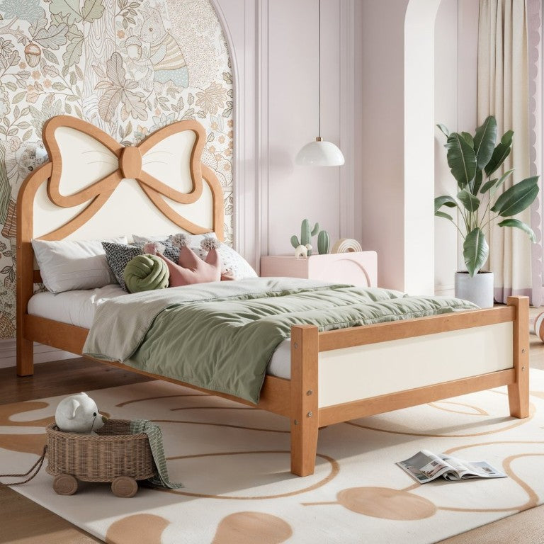 English Elm Twin Bow Headboard Platform Bed Solid Wood Low Profile Frame for Girls Bedroom Beige, Natural W5305P515352