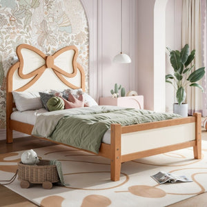 English Elm Twin Bow Headboard Platform Bed Solid Wood Low Profile Frame for Girls Bedroom Beige, Natural W5305P515352