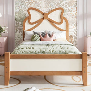 English Elm Twin Bow Headboard Platform Bed Solid Wood Low Profile Frame for Girls Bedroom Beige, Natural W5305P515352
