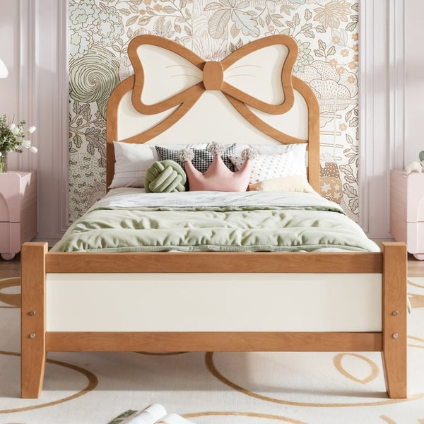 English Elm Twin Bow Headboard Platform Bed Solid Wood Low Profile Frame for Girls Bedroom Beige, Natural W5305P515352