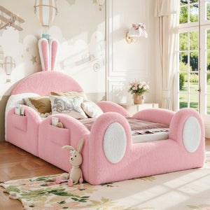 English Elm Twin Toddler Floor Bed Rabbit Headboard Teddy Fabric with Guardrails and Storage Pockets Twin White & Pink W5305P519060