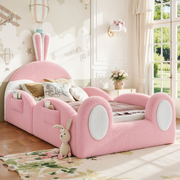 English Elm Twin Toddler Floor Bed Rabbit Headboard Teddy Fabric with Guardrails and Storage Pockets Twin White & Pink W5305P519060