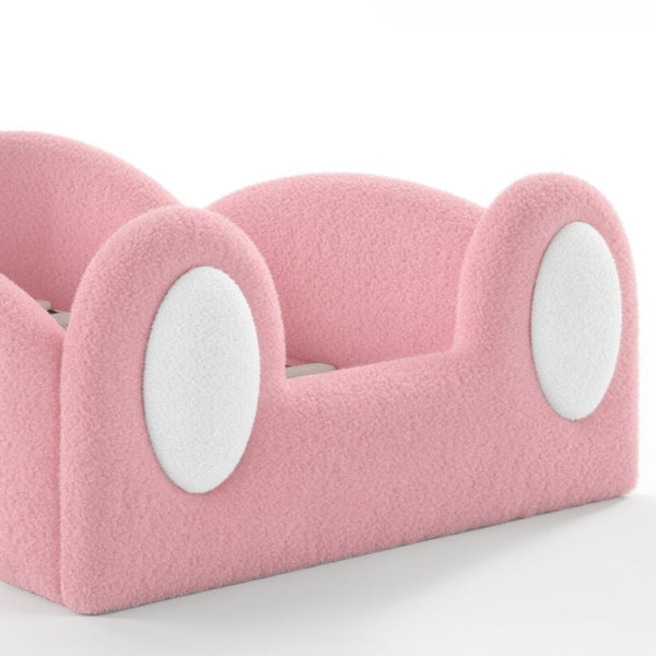 English Elm Twin Toddler Floor Bed Rabbit Headboard Teddy Fabric with Guardrails and Storage Pockets Twin White & Pink W5305P519060