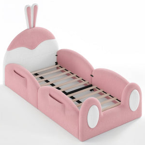 English Elm Twin Toddler Floor Bed Rabbit Headboard Teddy Fabric with Guardrails and Storage Pockets Twin White & Pink W5305P519060