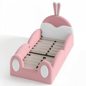 English Elm Twin Toddler Floor Bed Rabbit Headboard Teddy Fabric with Guardrails and Storage Pockets Twin White & Pink W5305P519060