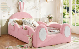 English Elm Twin Toddler Floor Bed Rabbit Headboard Teddy Fabric with Guardrails and Storage Pockets Twin White & Pink W5305P519060