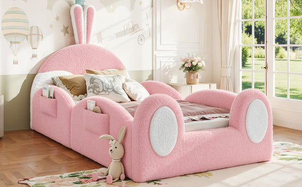 English Elm Twin Toddler Floor Bed Rabbit Headboard Teddy Fabric with Guardrails and Storage Pockets Twin White & Pink W5305P519060