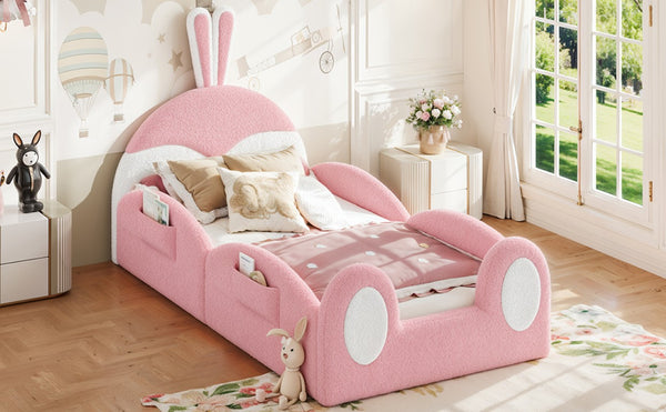 English Elm Twin Toddler Floor Bed Rabbit Headboard Teddy Fabric with Guardrails and Storage Pockets Twin White & Pink W5305P519060