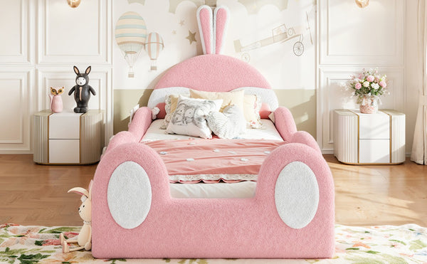 English Elm Twin Toddler Floor Bed Rabbit Headboard Teddy Fabric with Guardrails and Storage Pockets Twin White & Pink W5305P519060