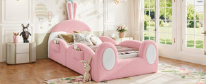 English Elm Twin Toddler Floor Bed Rabbit Headboard Teddy Fabric with Guardrails and Storage Pockets Twin White & Pink W5305P519060