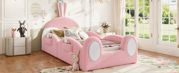 English Elm Twin Toddler Floor Bed Rabbit Headboard Teddy Fabric with Guardrails and Storage Pockets Twin White & Pink W5305P519060