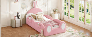English Elm Twin Toddler Floor Bed Rabbit Headboard Teddy Fabric with Guardrails and Storage Pockets Twin White & Pink W5305P519060
