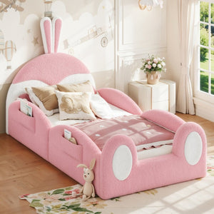 English Elm Twin Toddler Floor Bed Rabbit Headboard Teddy Fabric with Guardrails and Storage Pockets Twin White & Pink W5305P519060