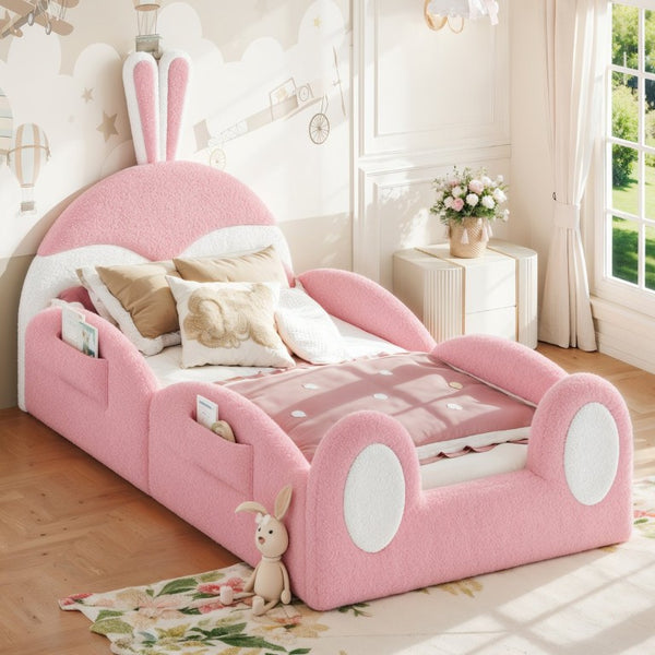 English Elm Twin Toddler Floor Bed Rabbit Headboard Teddy Fabric with Guardrails and Storage Pockets Twin White & Pink W5305P519060