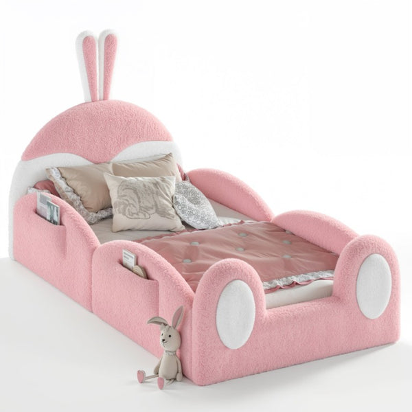 English Elm Twin Toddler Floor Bed Rabbit Headboard Teddy Fabric with Guardrails and Storage Pockets Twin White & Pink W5305P519060