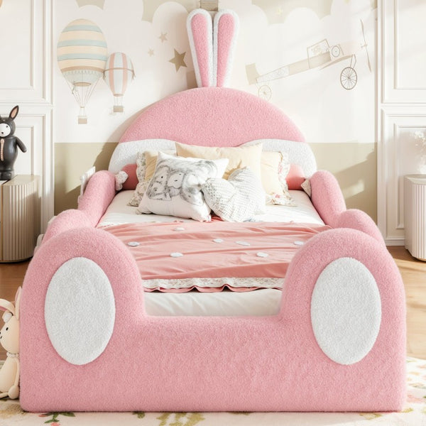 English Elm Twin Toddler Floor Bed Rabbit Headboard Teddy Fabric with Guardrails and Storage Pockets Twin White & Pink W5305P519060