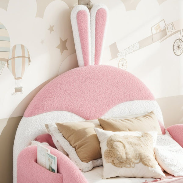 English Elm Twin Toddler Floor Bed Rabbit Headboard Teddy Fabric with Guardrails and Storage Pockets Twin White & Pink W5305P519060