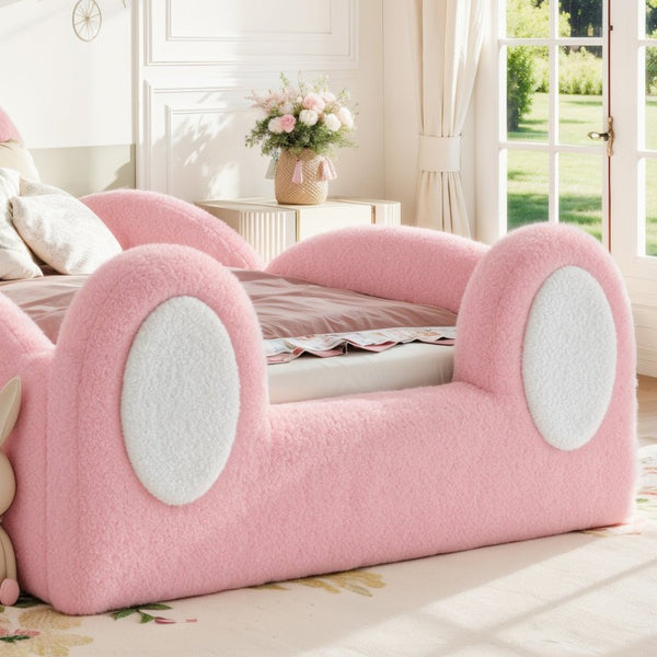 English Elm Twin Toddler Floor Bed Rabbit Headboard Teddy Fabric with Guardrails and Storage Pockets Twin White & Pink W5305P519060