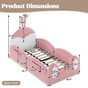 English Elm Twin Toddler Floor Bed Rabbit Headboard Teddy Fabric with Guardrails and Storage Pockets Twin White & Pink W5305P519060