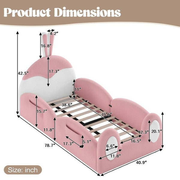 English Elm Twin Toddler Floor Bed Rabbit Headboard Teddy Fabric with Guardrails and Storage Pockets Twin White & Pink W5305P519060