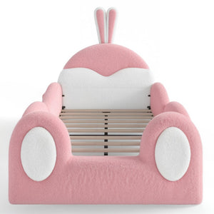 English Elm Twin Toddler Floor Bed Rabbit Headboard Teddy Fabric with Guardrails and Storage Pockets Twin White & Pink W5305P519060